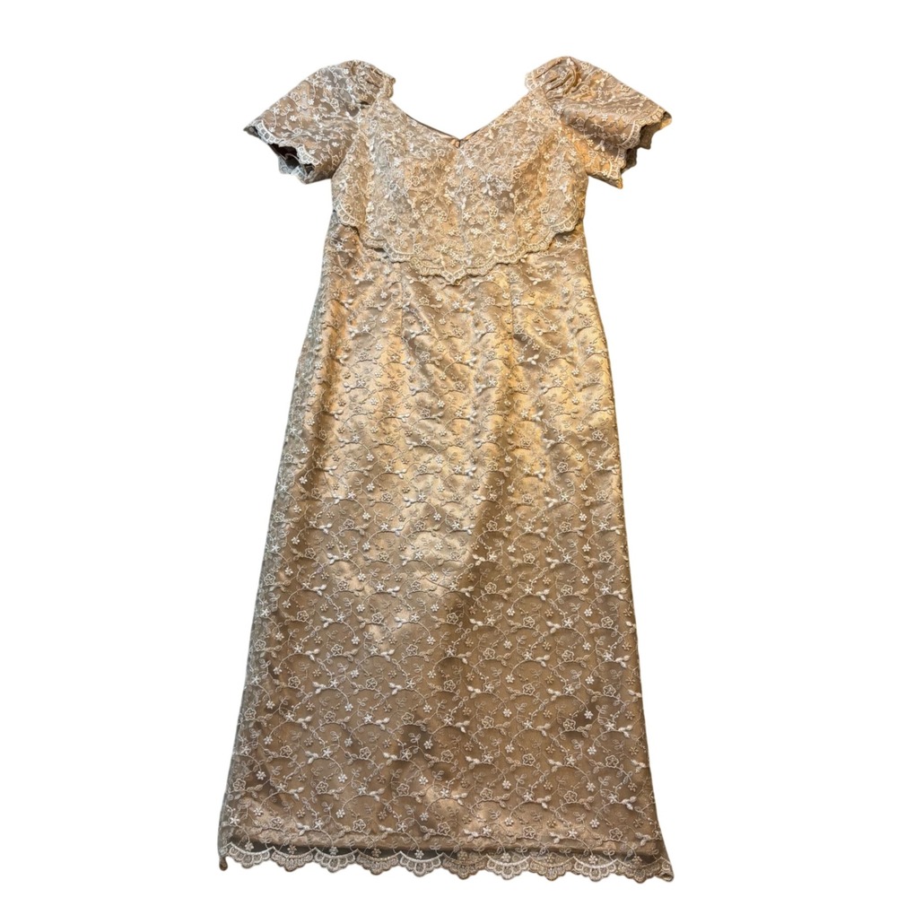 Vintage 90s Champagne Gold‎ Lace Floral Maxi Dress Sweetheart Formal Gown 10